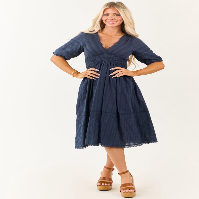 Navy Half Puff Sleeve Lace Trim Cotton Midi Dress