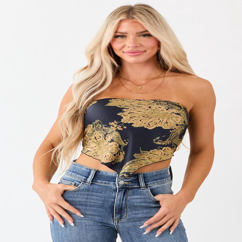 Navy Paisley Satin Bandana Smocked Strapless Top