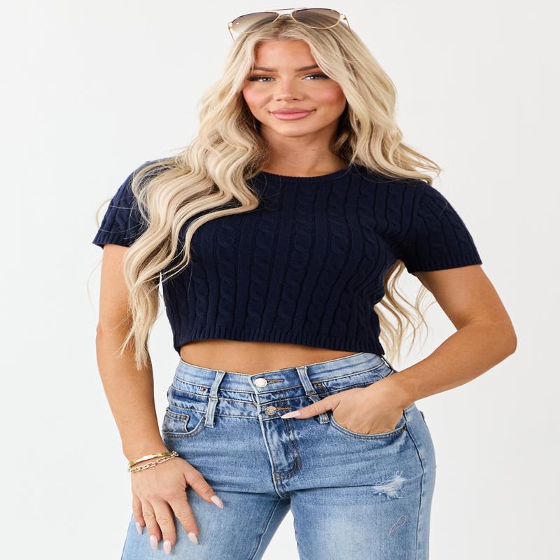 Navy Round Neck Short Sleeve Cable Knit Top
