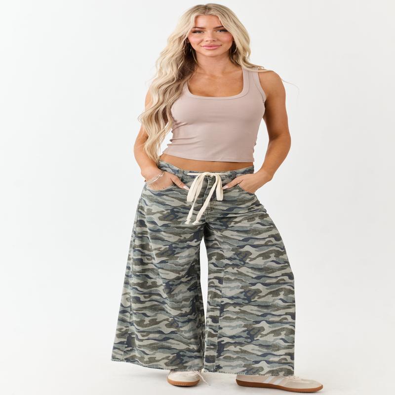 Olive Camo Print Wide Leg Drawstring Denim Pants
