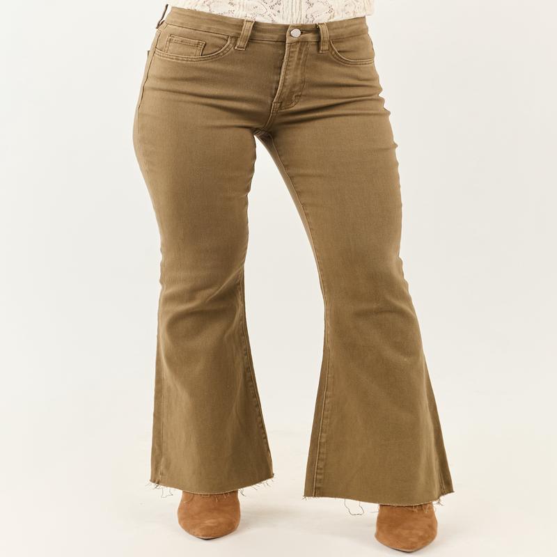 Olive High Rise Raw Hem Stretchy Flare Jeans