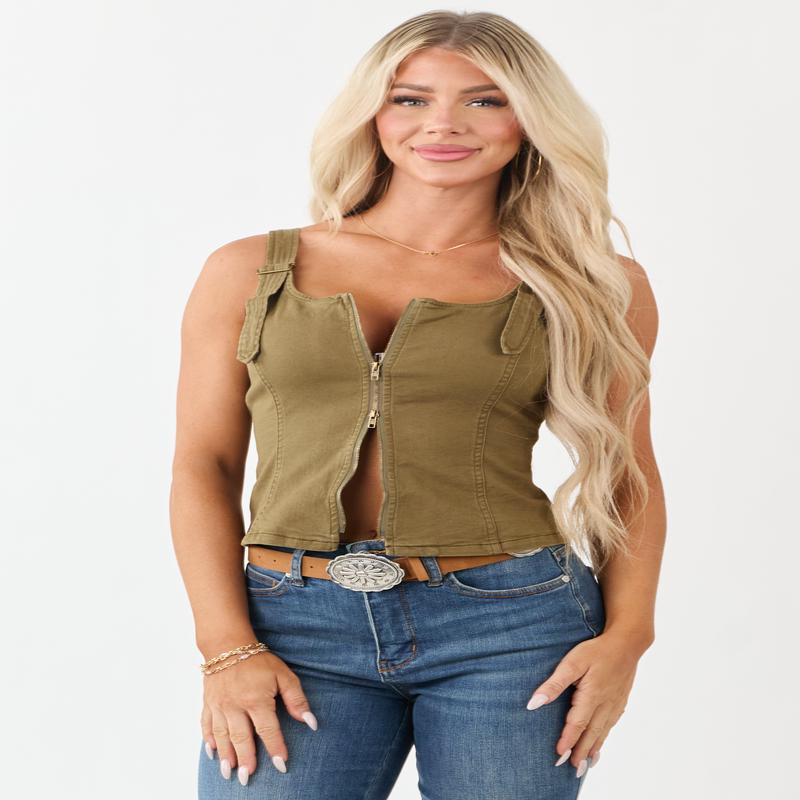 Olive Stretchy Denim Two Way Zipper Tank Top