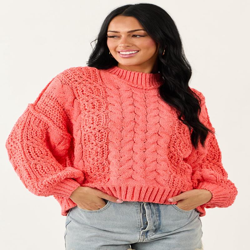 POL Coral Mock Neck Bubble Sleeve Cable Knit Sweater