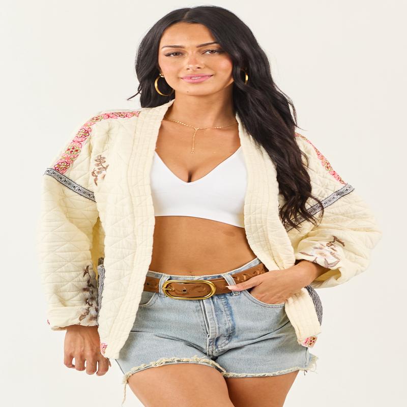 POL Cream Floral Embroidered Open Front Jacket