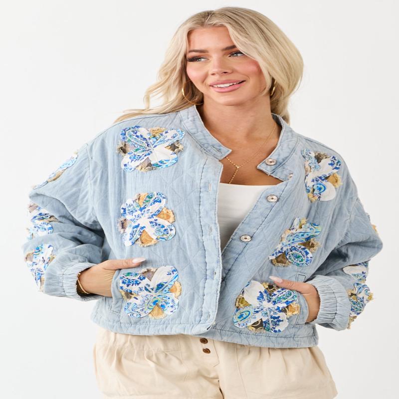 POL Floral Patch Denim Button Up Quilted Jacket