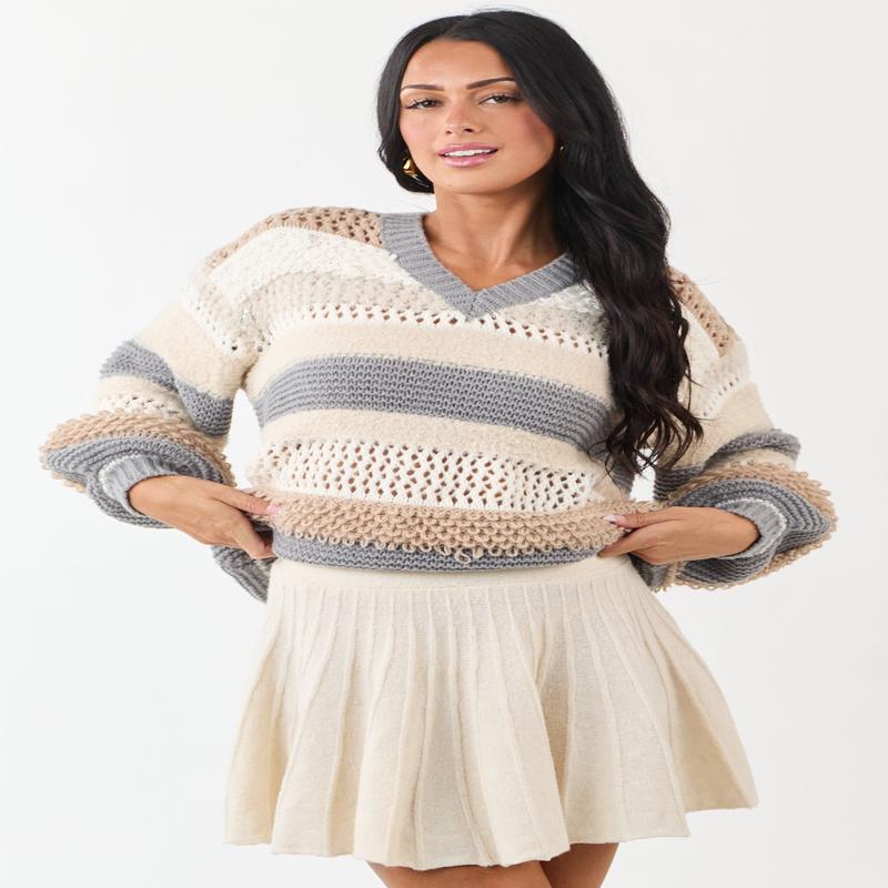 POL Latte Textured Contrast Striped Knit Sweater