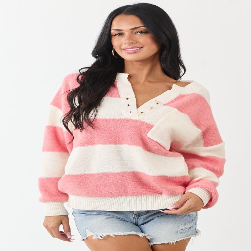 Punch and Cream Thick Stripe Henley Sweater