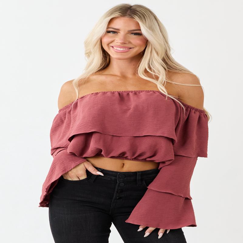 Rich Marsala Off Shoulder Tiered Sleeve Blouse