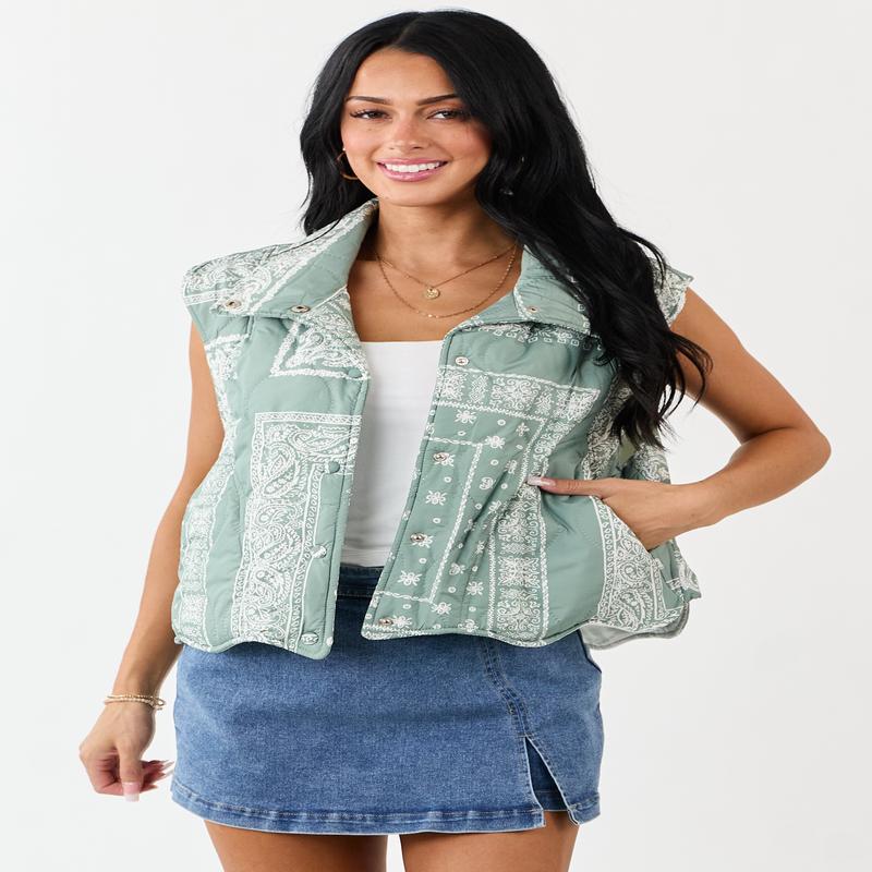 Sage Bandana Print Quilted Button Down Vest