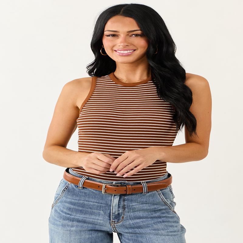 Sepia and Off White Striped Knit Tank Bodysuit