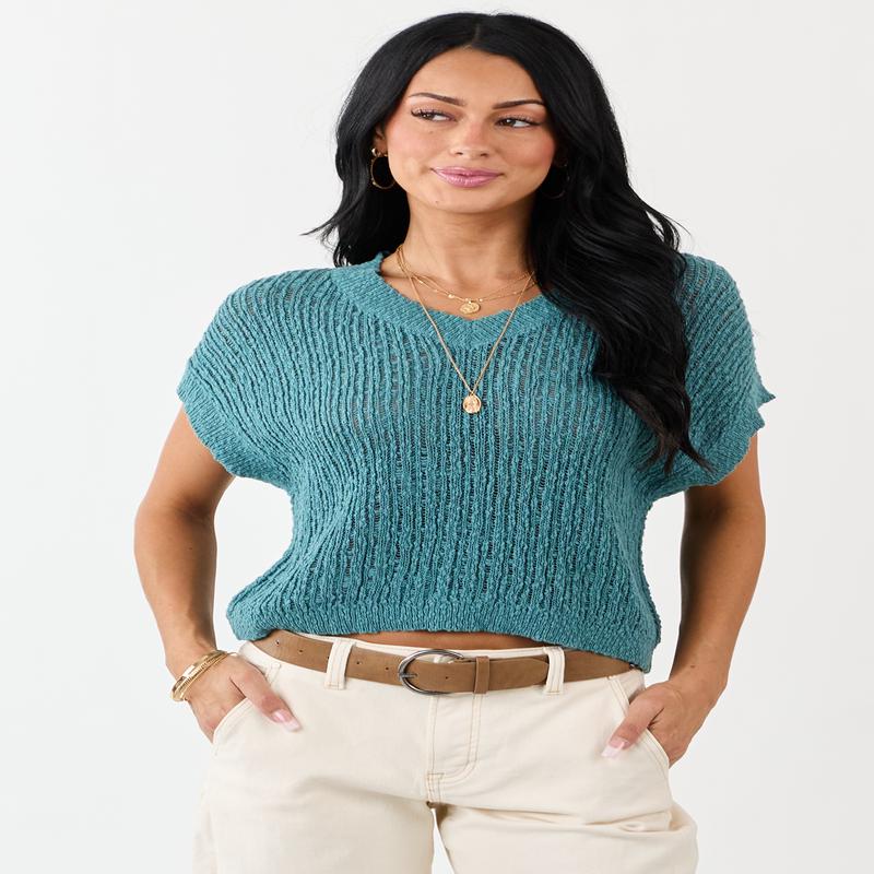 Teal V Neck Short Sleeve Cotton Sweater Top