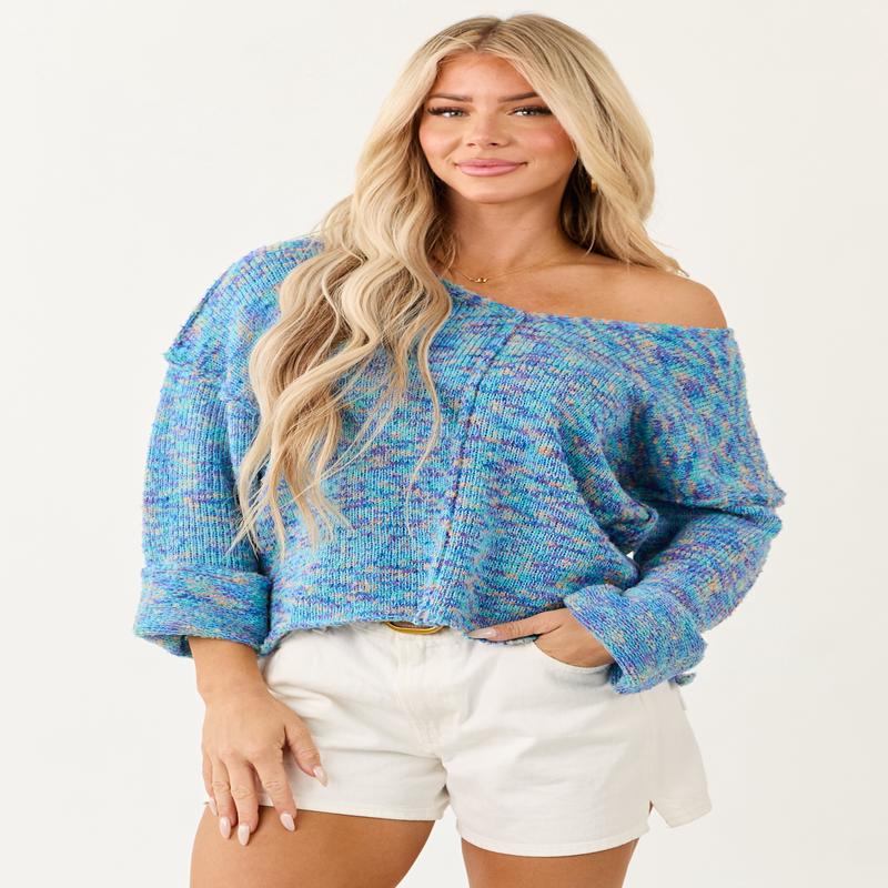 Turquoise Speckled Knit V Neck Front Seam Sweater