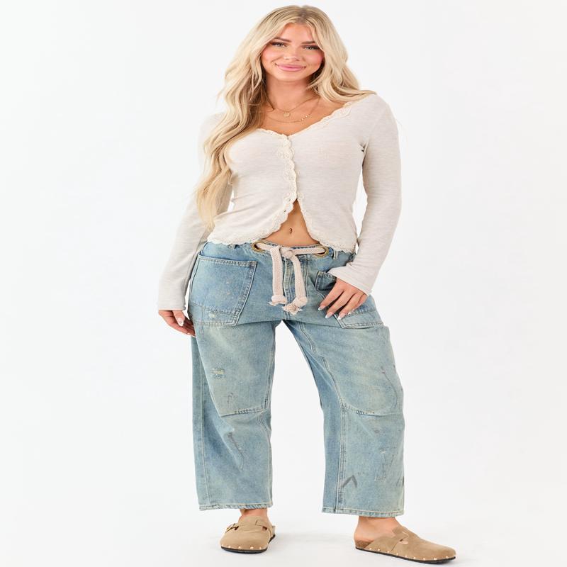 Vintage Wash Paint Drip Tapered Wide Leg Denim Pants