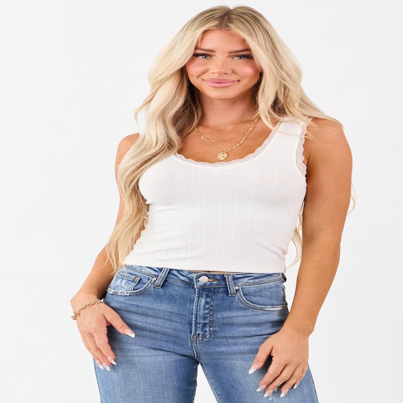 White Lace Trim Cropped Rib Knit Tank Top