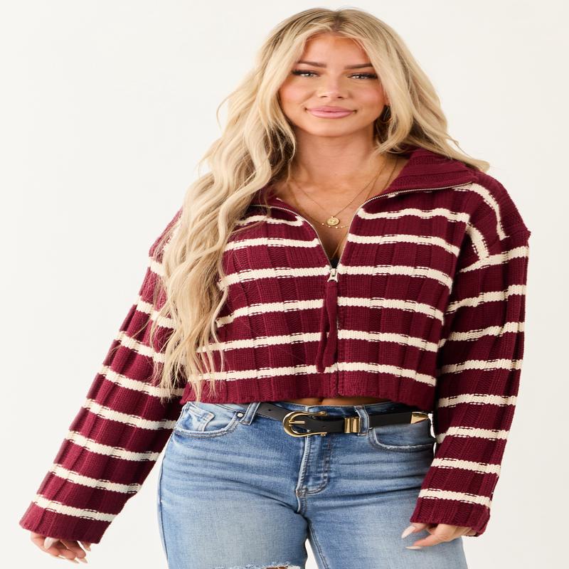 Wine and Cream Striped Zip Up Sweater Jacket