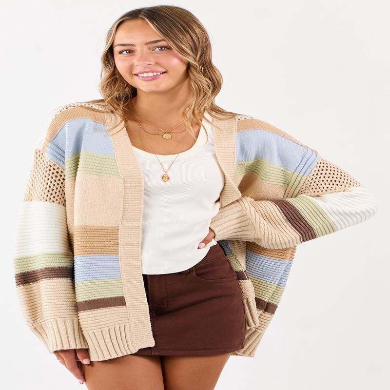 Beige Colorblock Striped Relaxed Open Front Cardigan