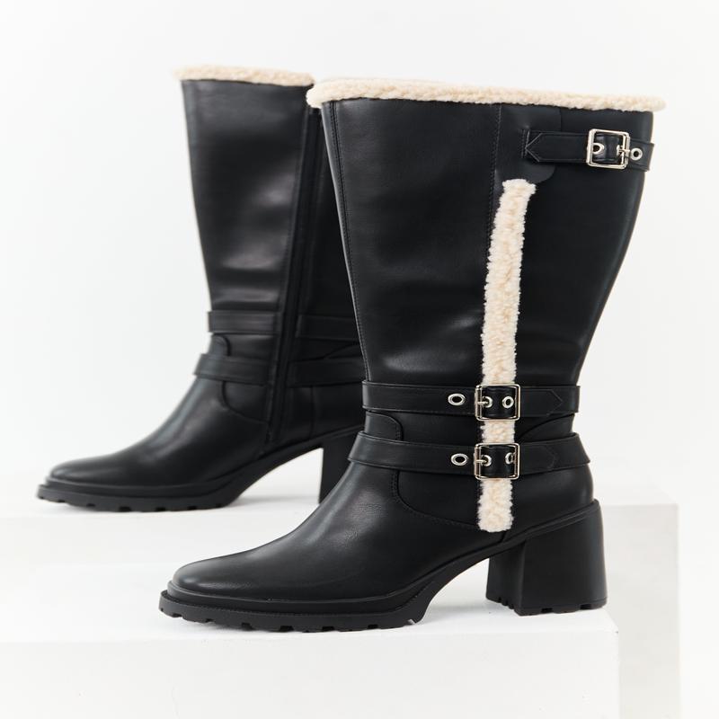 Black Faux Leather Sherpa Lined Tall Platform Boots