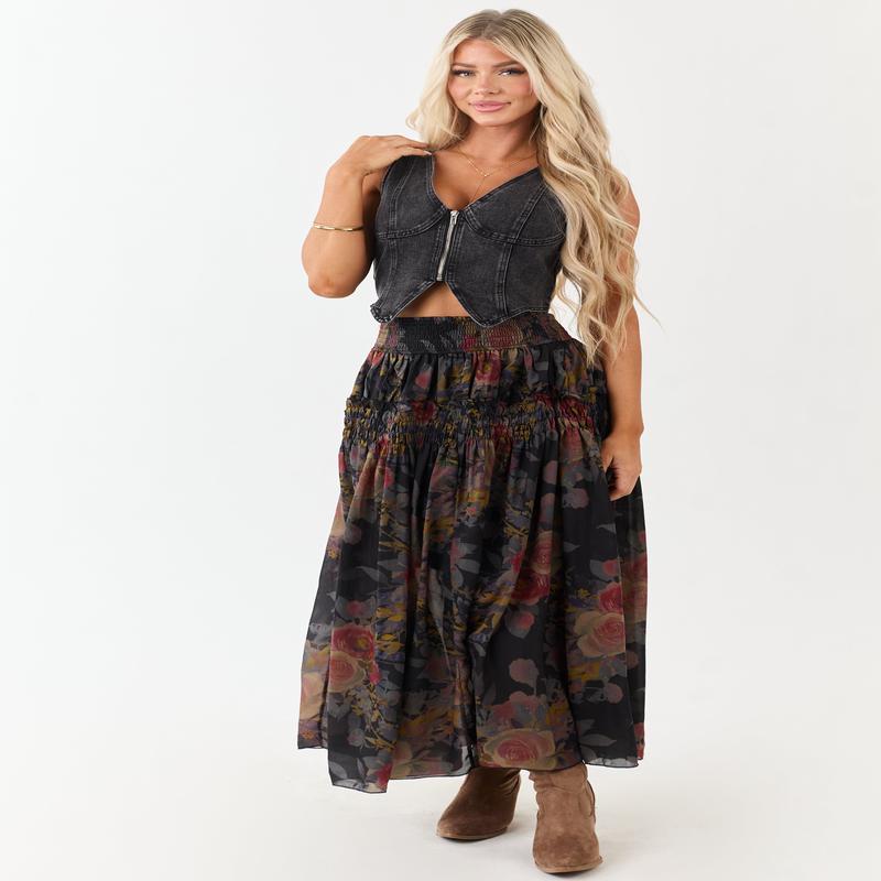 Black Floral Print Smocked Waist Maxi Skirt