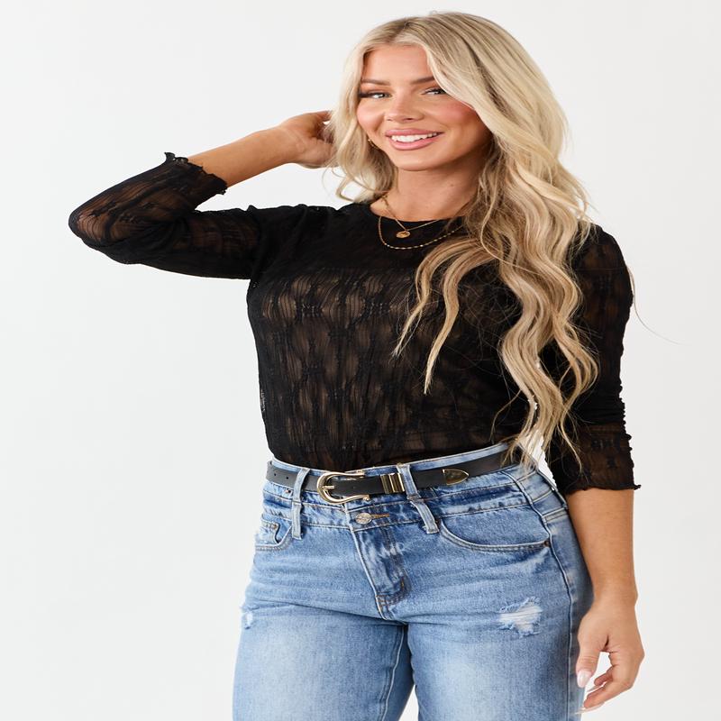 Black Lace Round Neck Long Sleeve Top
