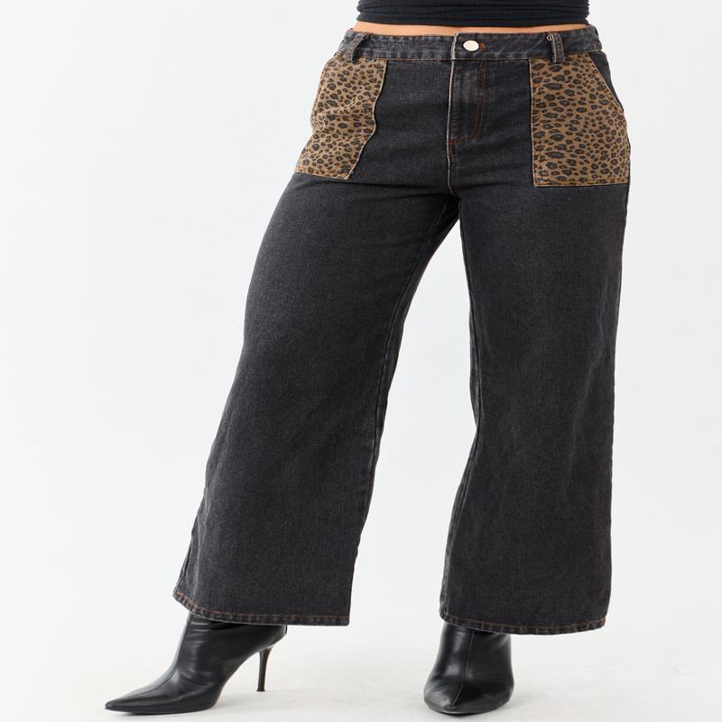 Black Leopard Print Paneling Wide Leg High Rise Jeans