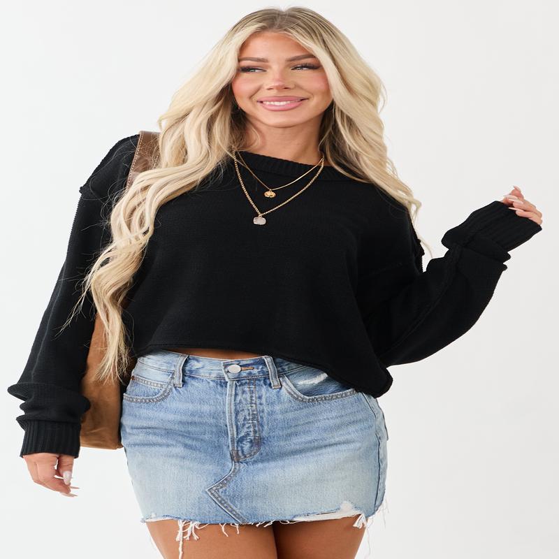 Black Long Sleeve Relaxed Knit Sweater
