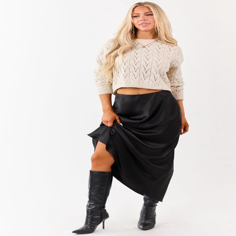 Black Satin Elastic Waistband Flowy Maxi Skirt