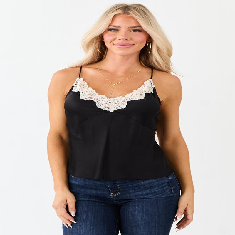 Black Satin Lace V-Neck Cami Top