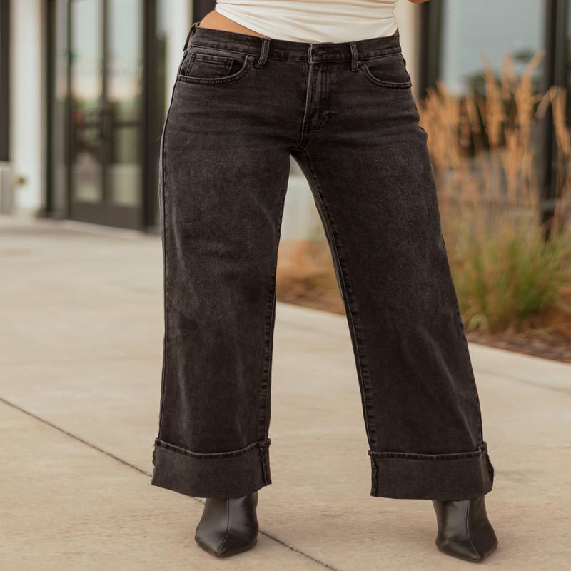 Black Washed Wide Leg Cuffed Stretchy Jeans
