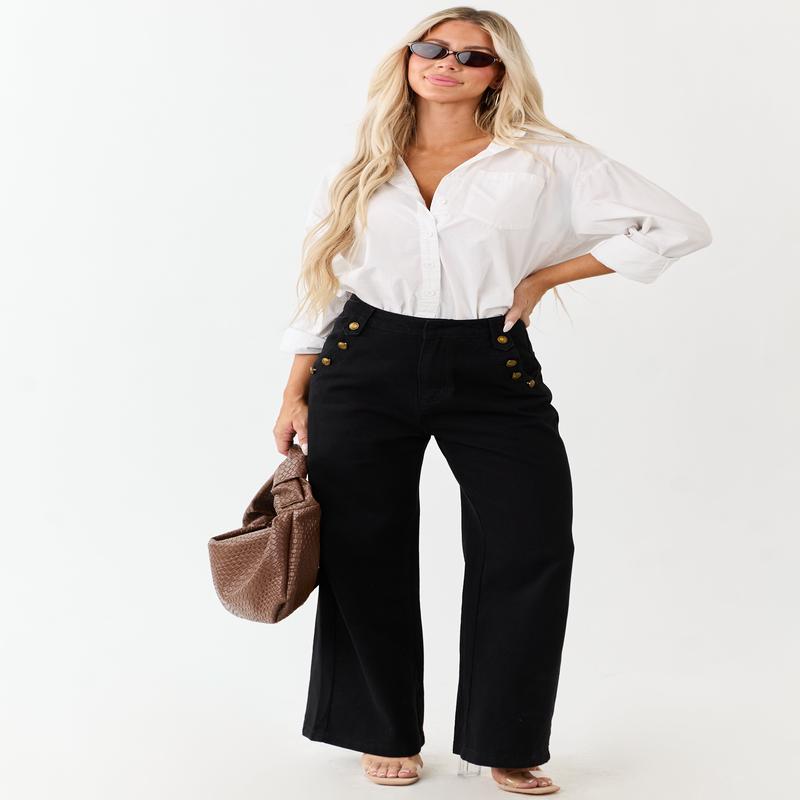 Black Wide Leg High Rise Gold Button Jeans