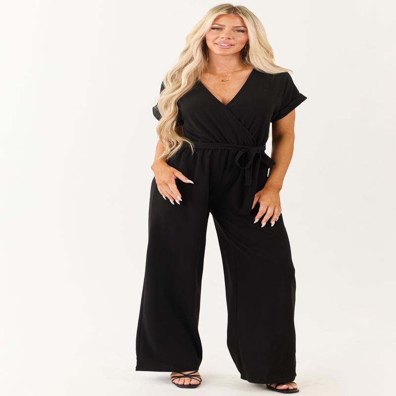 Black Wide Leg Waist Tie Surplice Bodice Jumpsuit