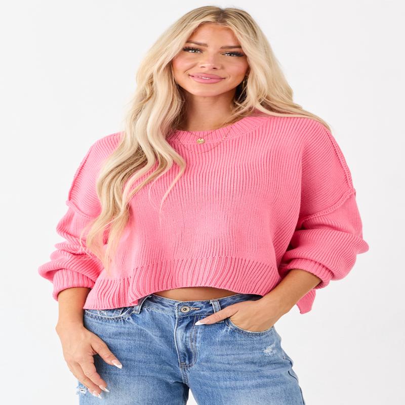 Bubblegum Boxy Drop Shoulder Crop Rib Knit Sweater