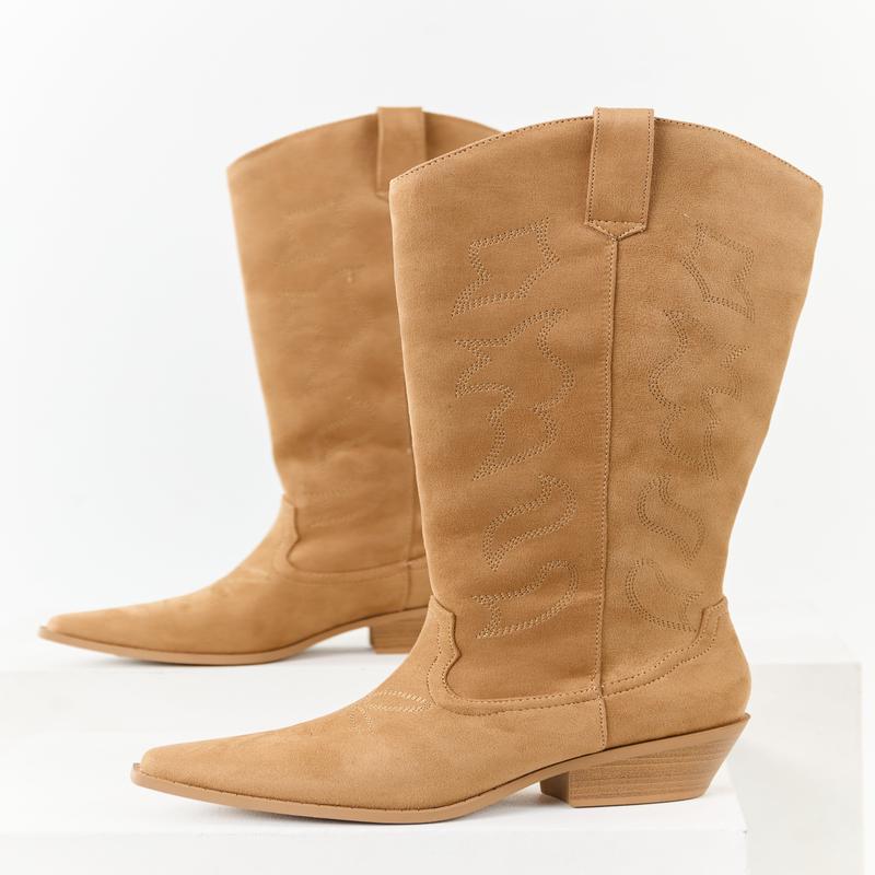 Camel Faux Suede Western Embroidered Tall Boots