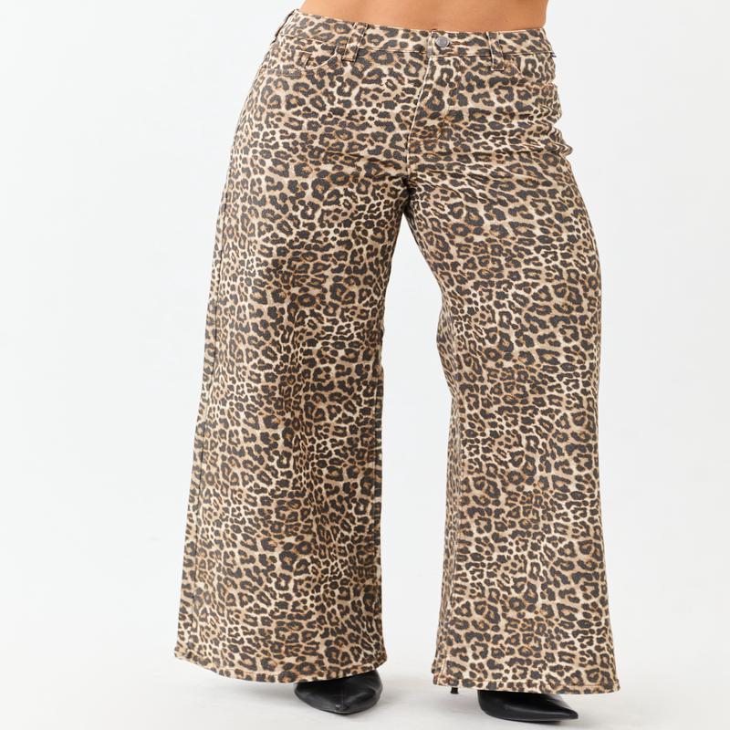 Cello Camel Leopard Print Wide Leg Stretchy Jeans