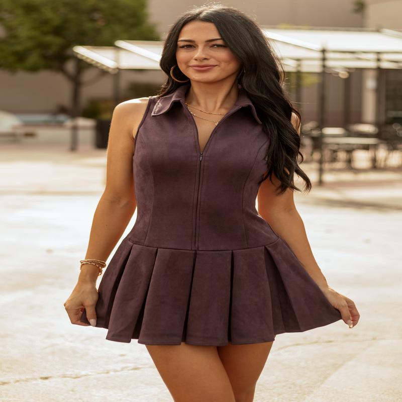 Chocolate Faux Suede Pleated Zip Up Mini Dress