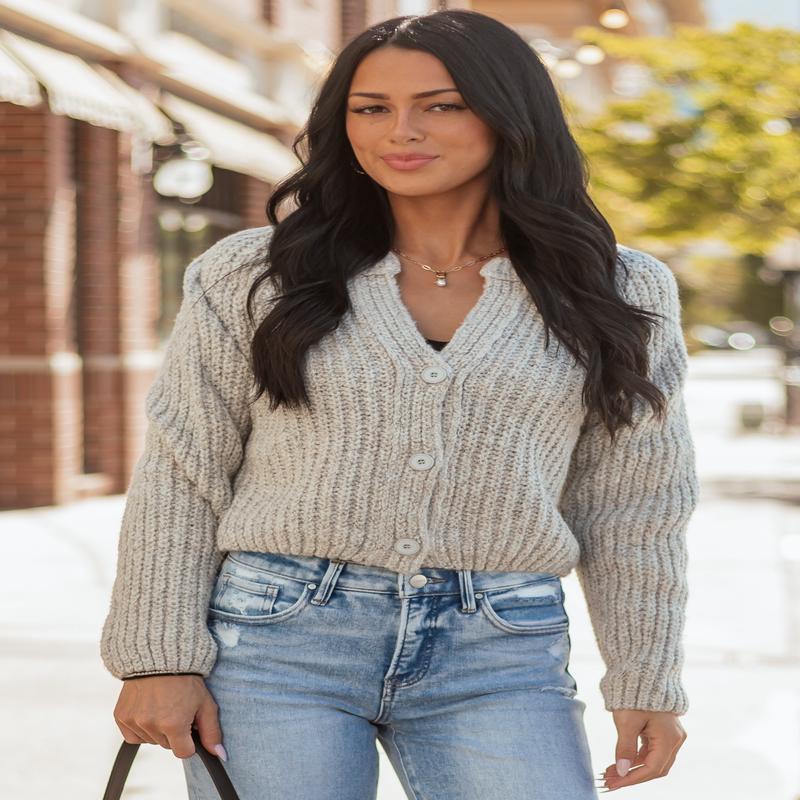 Cloud Grey Ribbed Knit Button Up Cardigan
