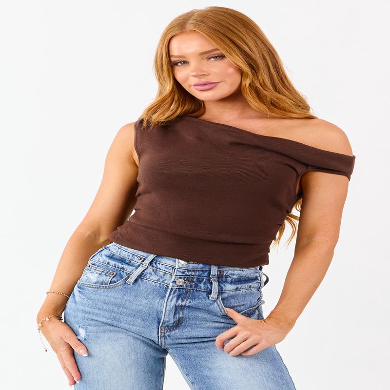 Cocoa Asymmetrical Off the Shoulder Neckline Top