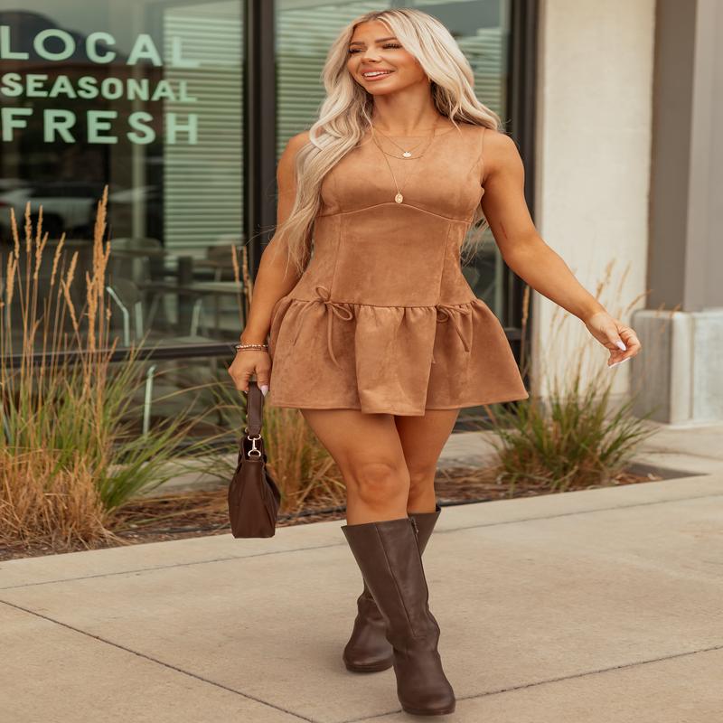 Cognac Faux Suede Drop Waist Ruffle Hem Mini Dress
