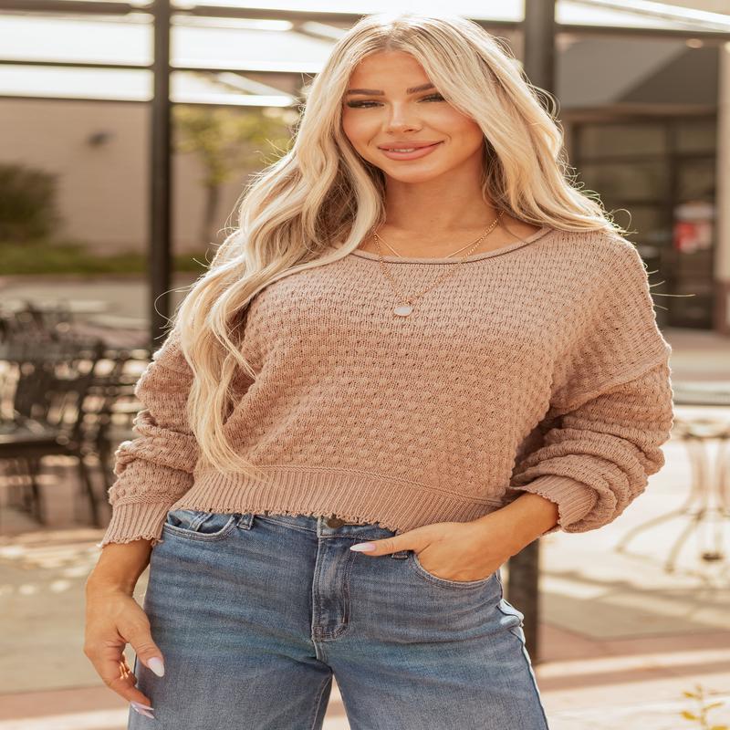 Cognac Soft Textured Knit Round Neck Boxy Sweater
