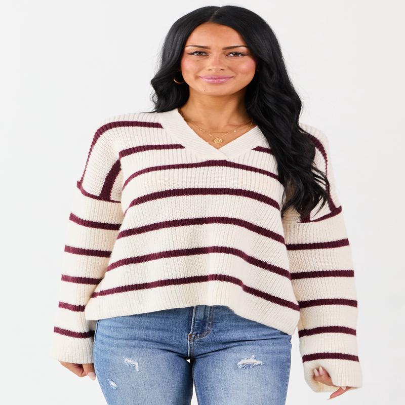 Cream and Mahogany Striped V-Neck Rib Knit Sweater