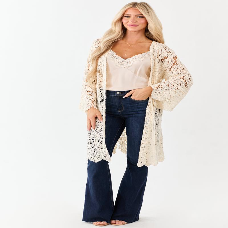Cream Open Crochet Bell Sleeve Cotton Duster Cardigan