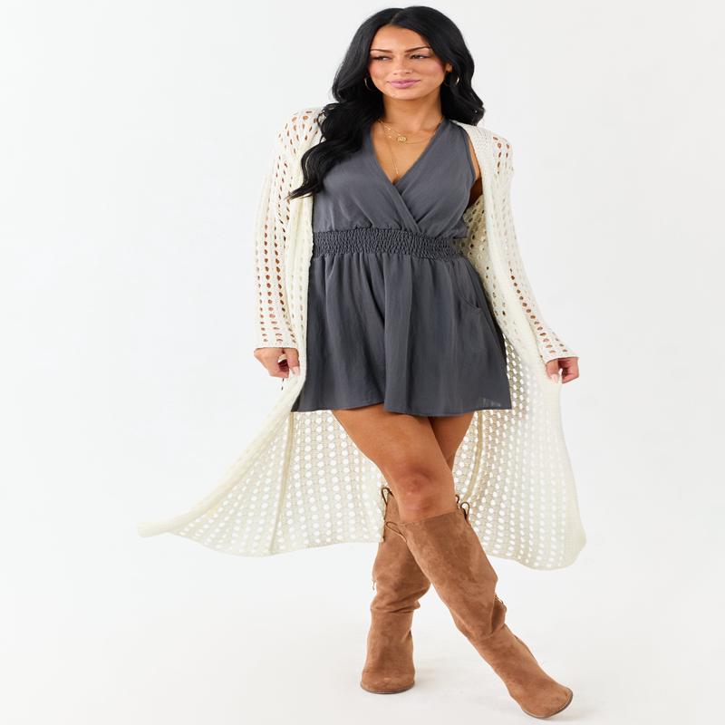 Cream Open Knit Wide Sleeve Duster Cardigan