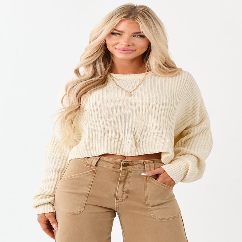 Cream Relaxed Rib Knit Crew Neck Cropped Sweater