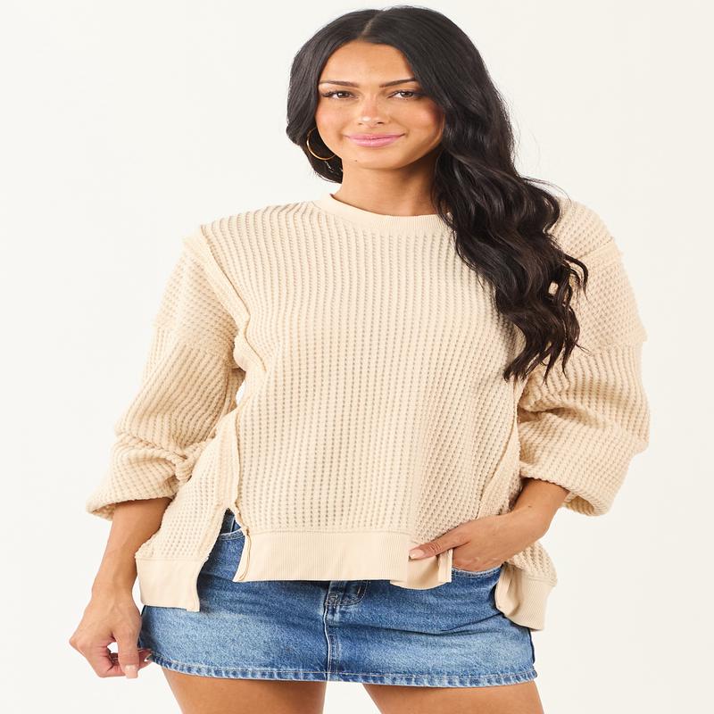 Cream Waffle Knit Relaxed Long Sleeve Top