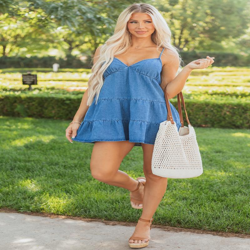 Dark Wash Denim Tiered Babydoll Mini Dress