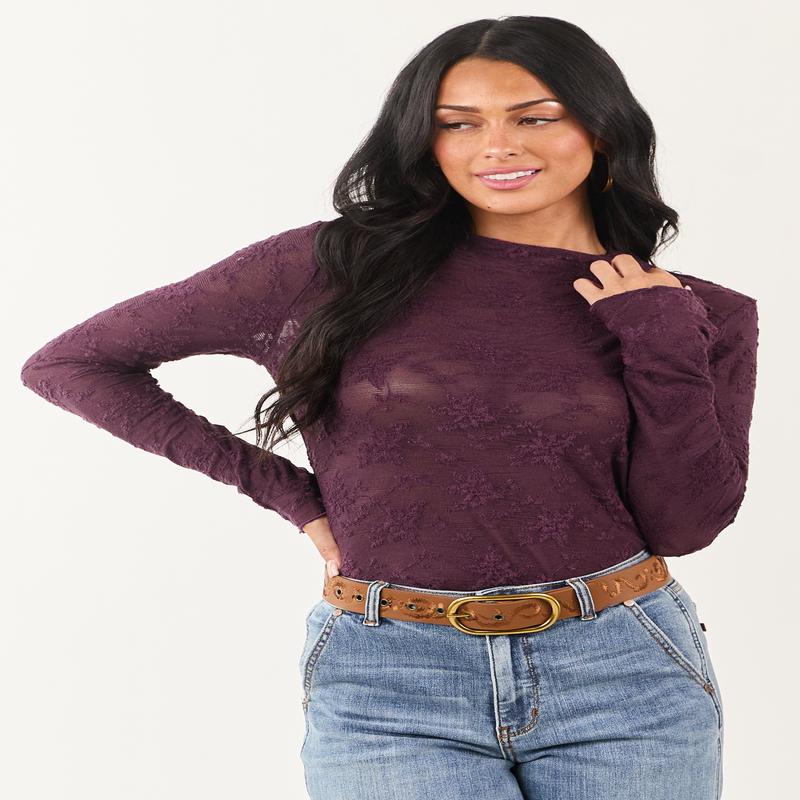 Deep Plum Floral Lace Mock Neck Long Sleeve Top