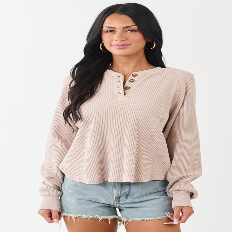 Dusty Blush Ribbed Knit Long Sleeve Boxy Henley Top