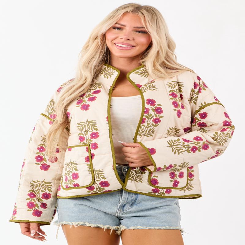 Entro Almond Floral Print Quilt Puff Cotton Jacket