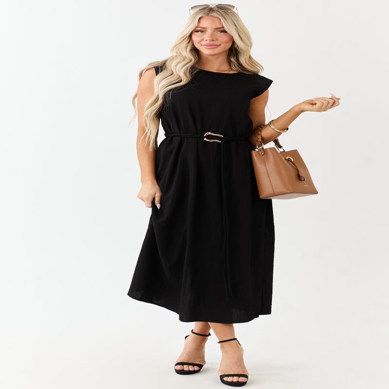 Entro Black Sleeveless Belt Tie Midi Dress