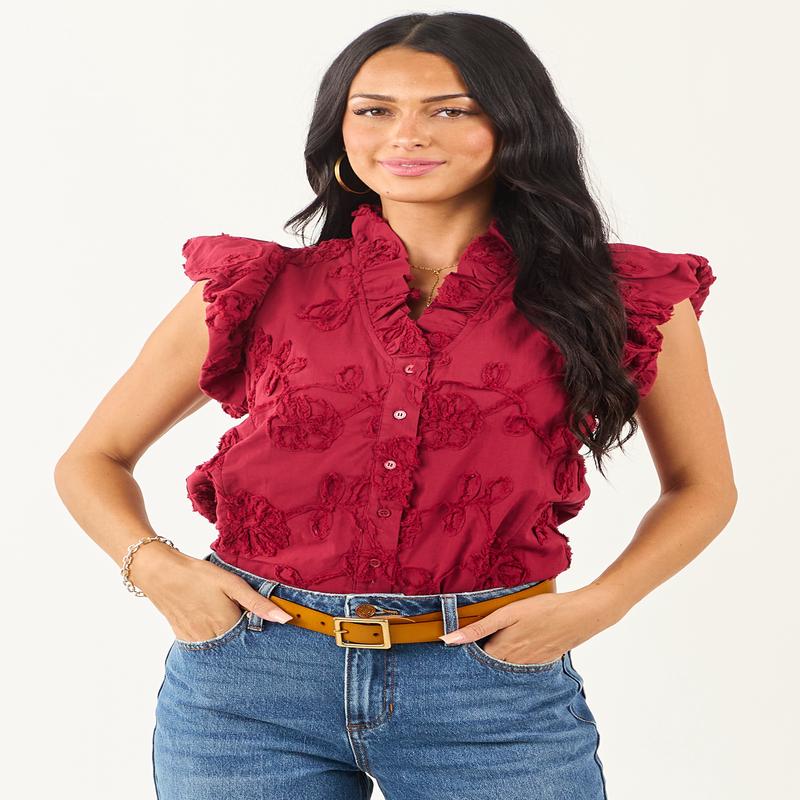 Entro Cherry 3D Floral Button Down Cotton Top