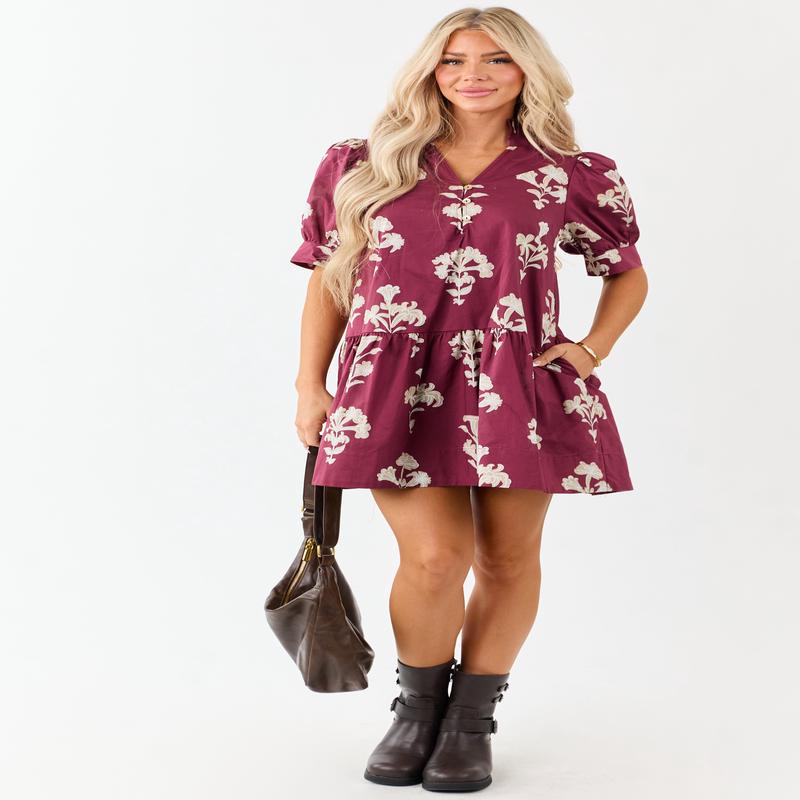 Entro Maroon Floral Puff Sleeve Cotton Mini Dress